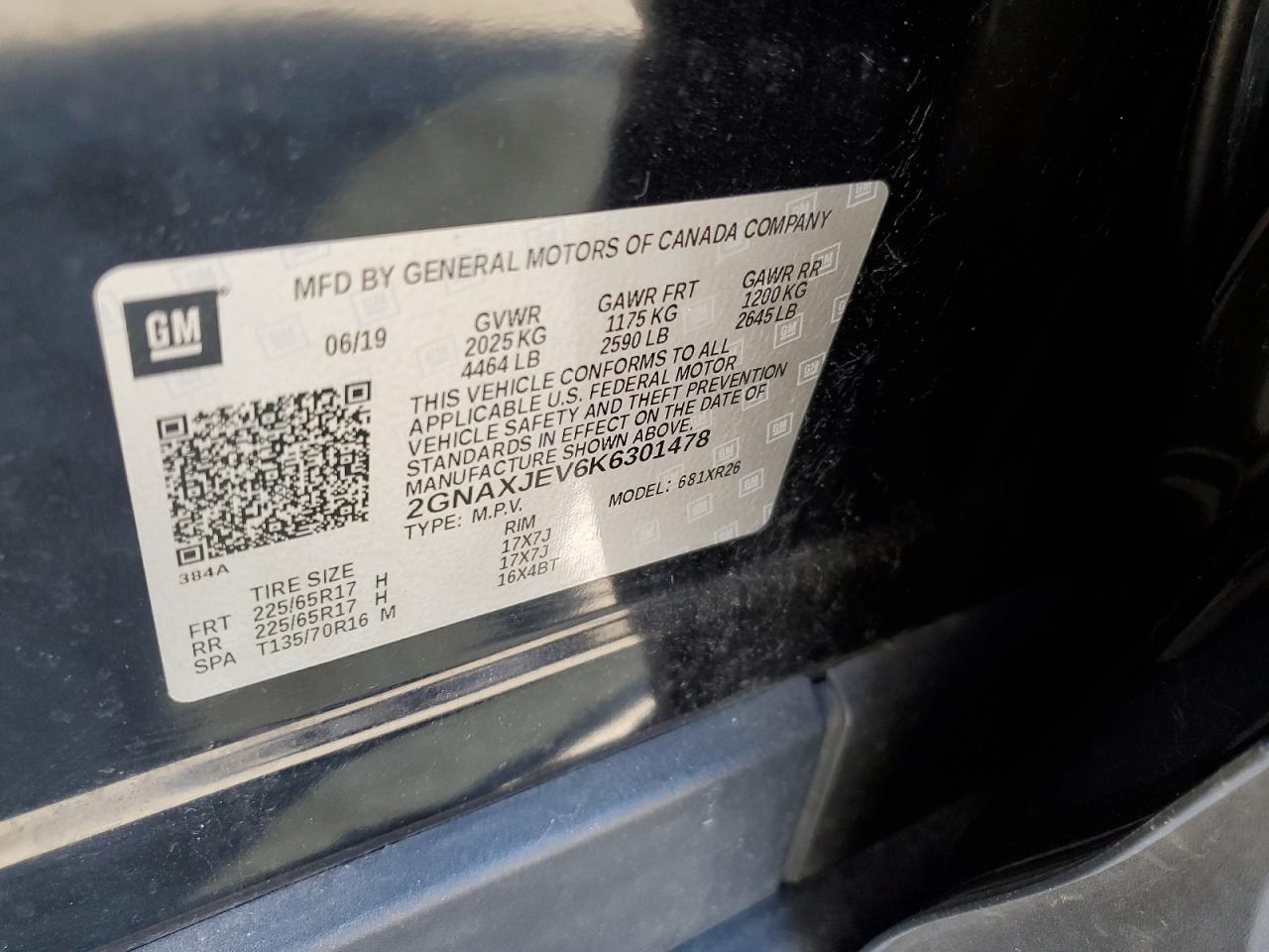 2019 Chevrolet Equinox Lt VIN: 2GNAXJEV6K6301478 Lot: 57867094