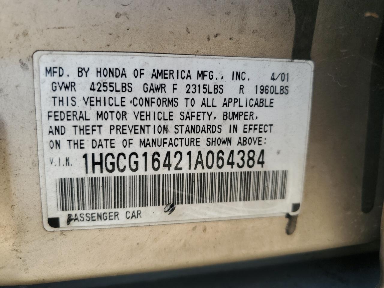 2001 Honda Accord Lx VIN: 1HGCG16421A064384 Lot: 60507094