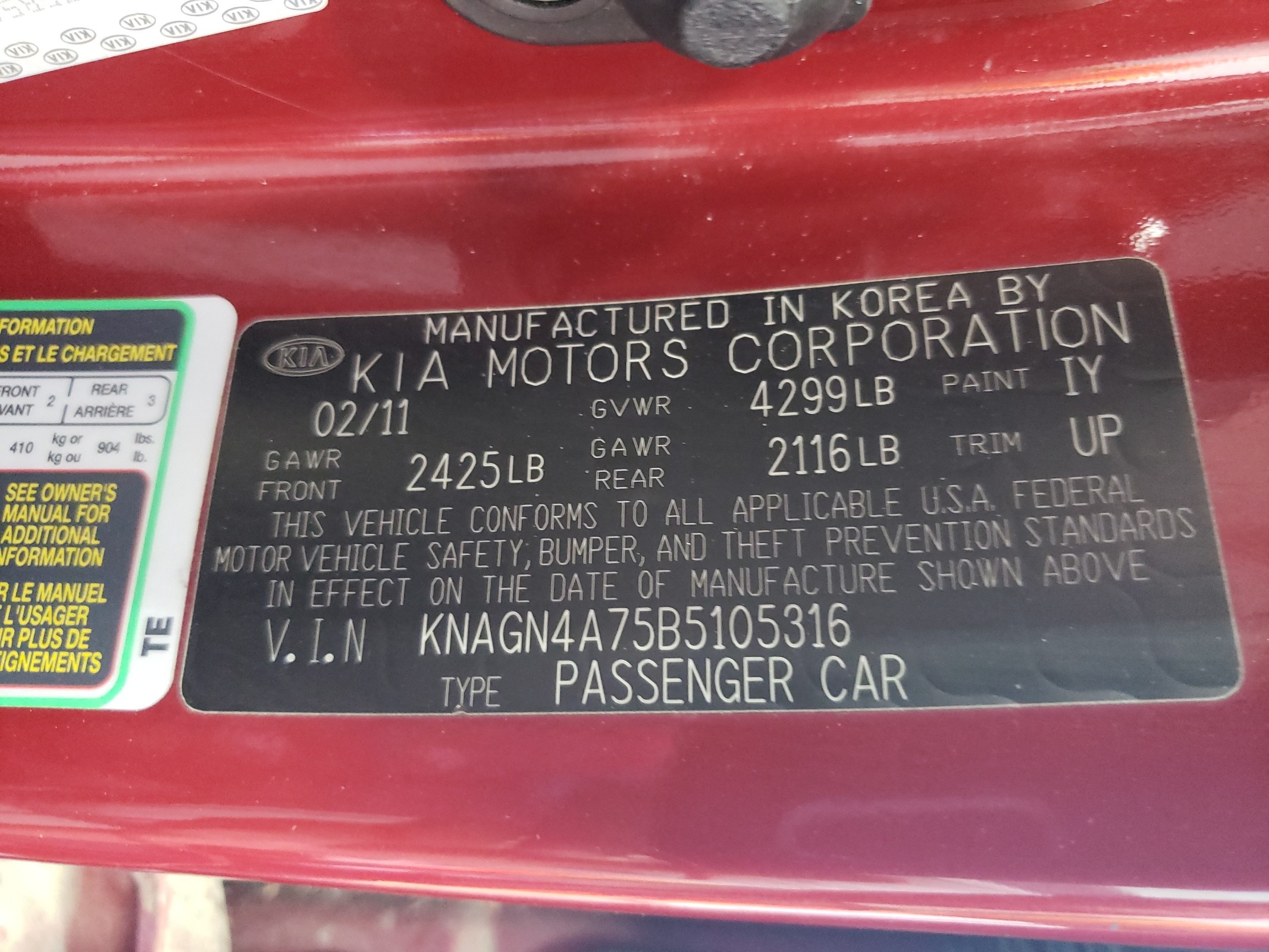 KNAGN4A75B5105316 2011 Kia Optima Ex