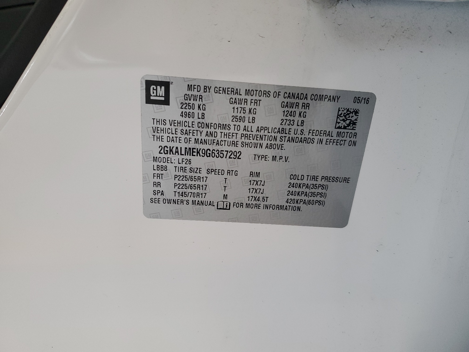 2GKALMEK9G6357292 2016 GMC Terrain Sle