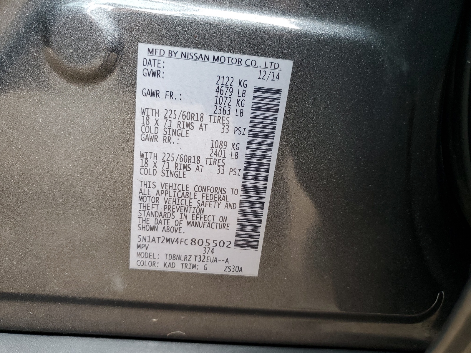 5N1AT2MV4FC805502 2015 Nissan Rogue S