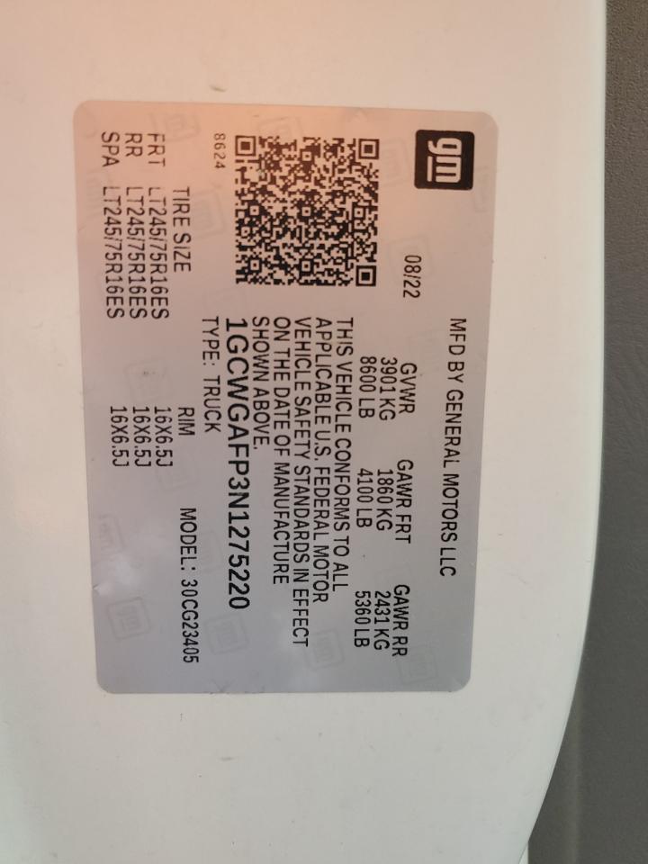 2022 Chevrolet Express G2500 VIN: 1GCWGAFP3N1275220 Lot: 57733374