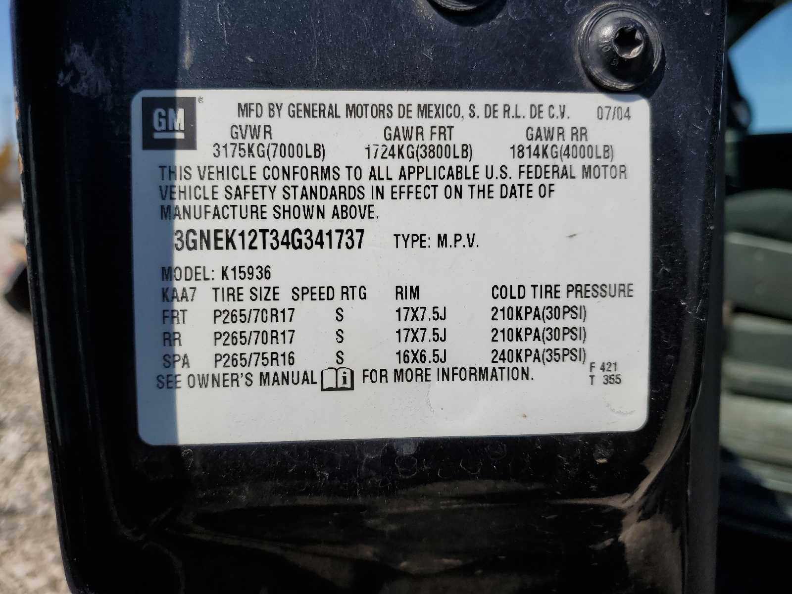 3GNEK12T34G341737 2004 Chevrolet Avalanche K1500