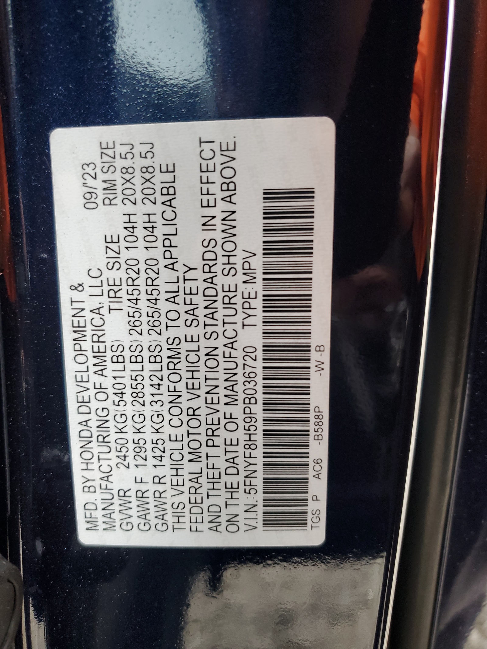 5FNYF8H59PB036720 2023 Honda Passport Exl