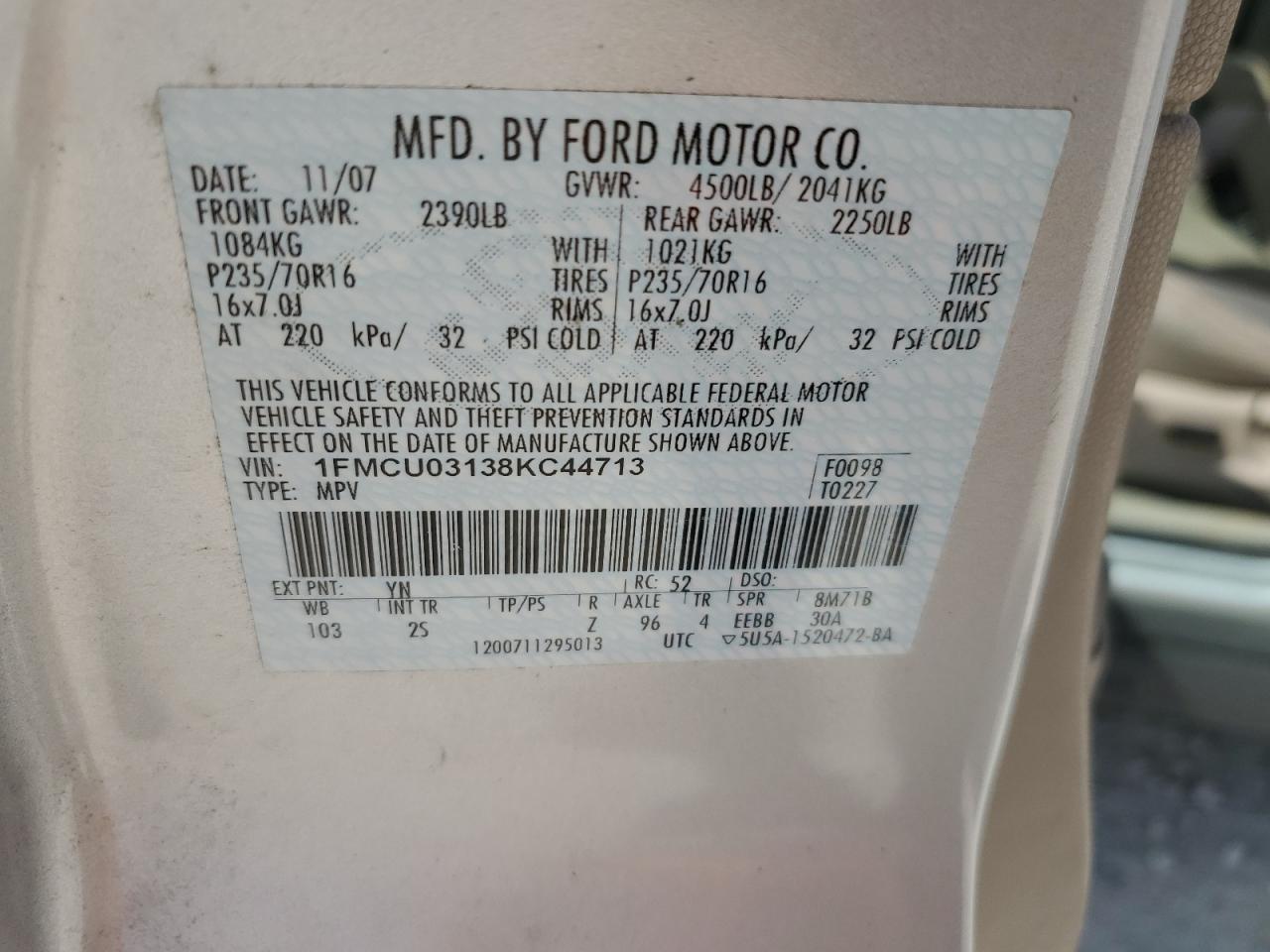 2008 Ford Escape Xlt VIN: 1FMCU03138KC44713 Lot: 60529694