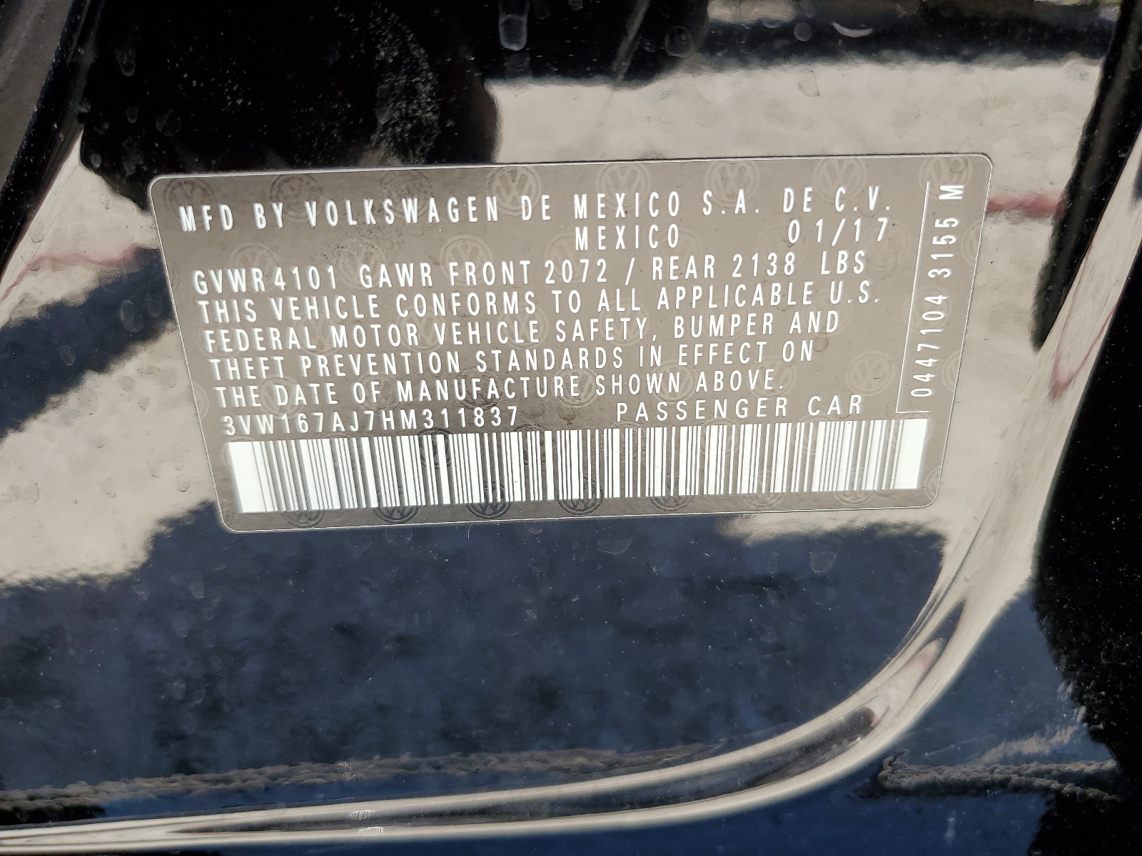 3VW167AJ7HM311837 2017 Volkswagen Jetta S