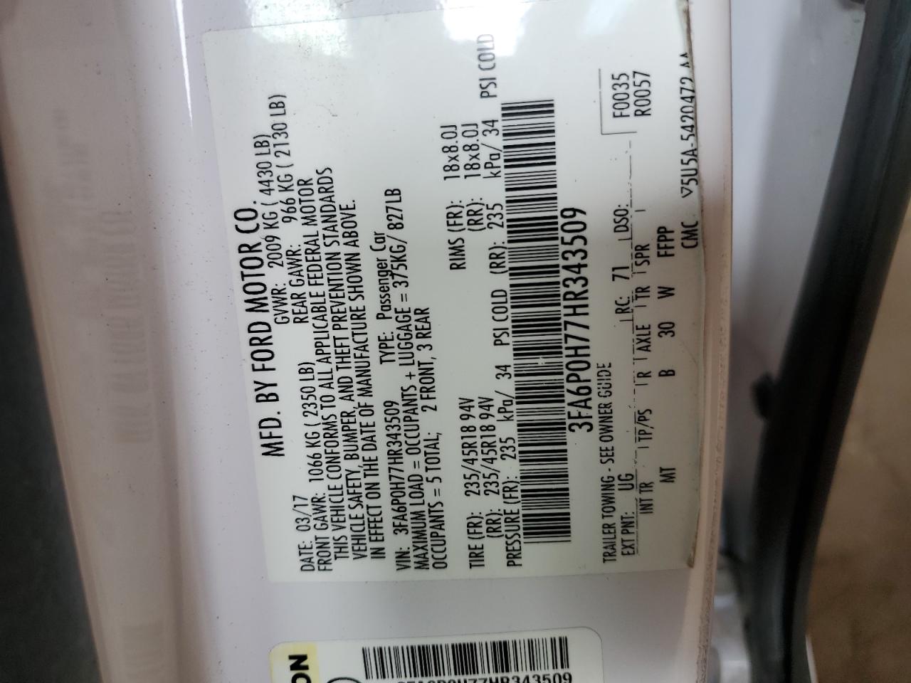 2017 Ford Fusion Se VIN: 3FA6P0H77HR343509 Lot: 58787374