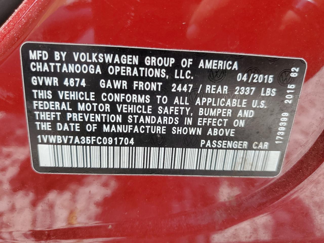 1VWBV7A35FC091704 2015 Volkswagen Passat Se