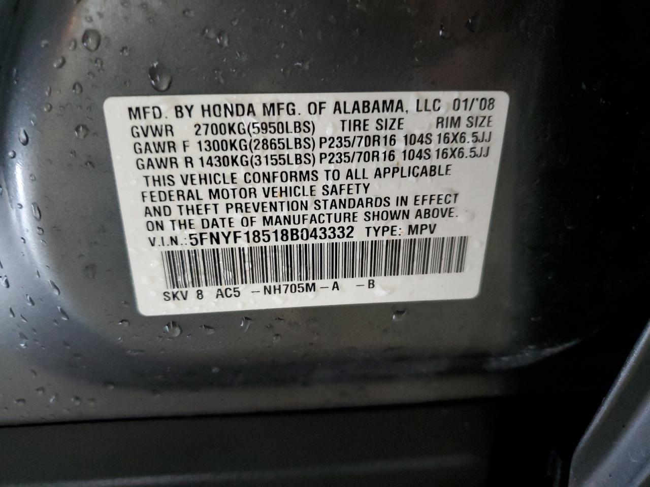 5FNYF18518B043332 2008 Honda Pilot Exl