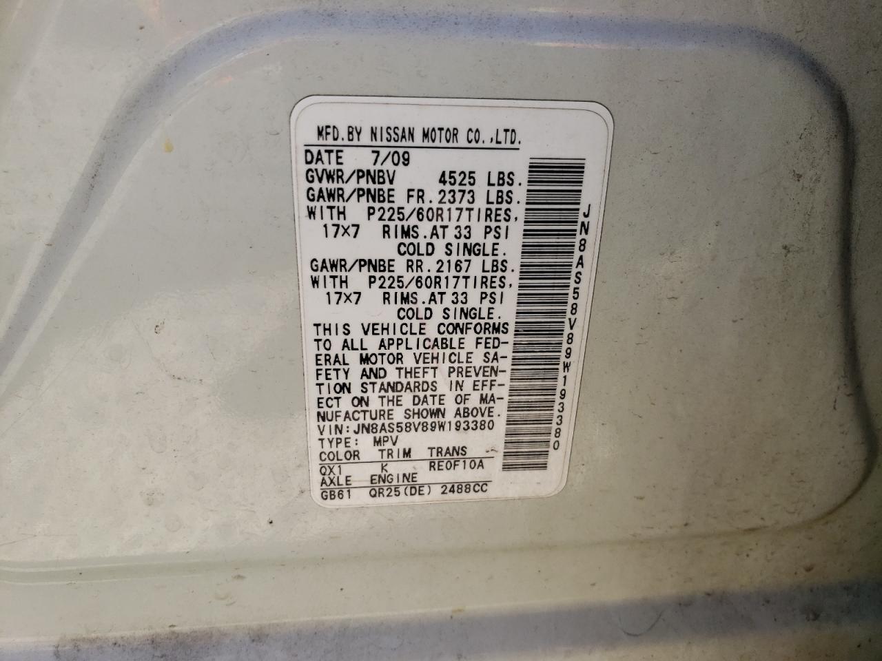 2009 Nissan Rogue S VIN: JN8AS58V89W193380 Lot: 60893554