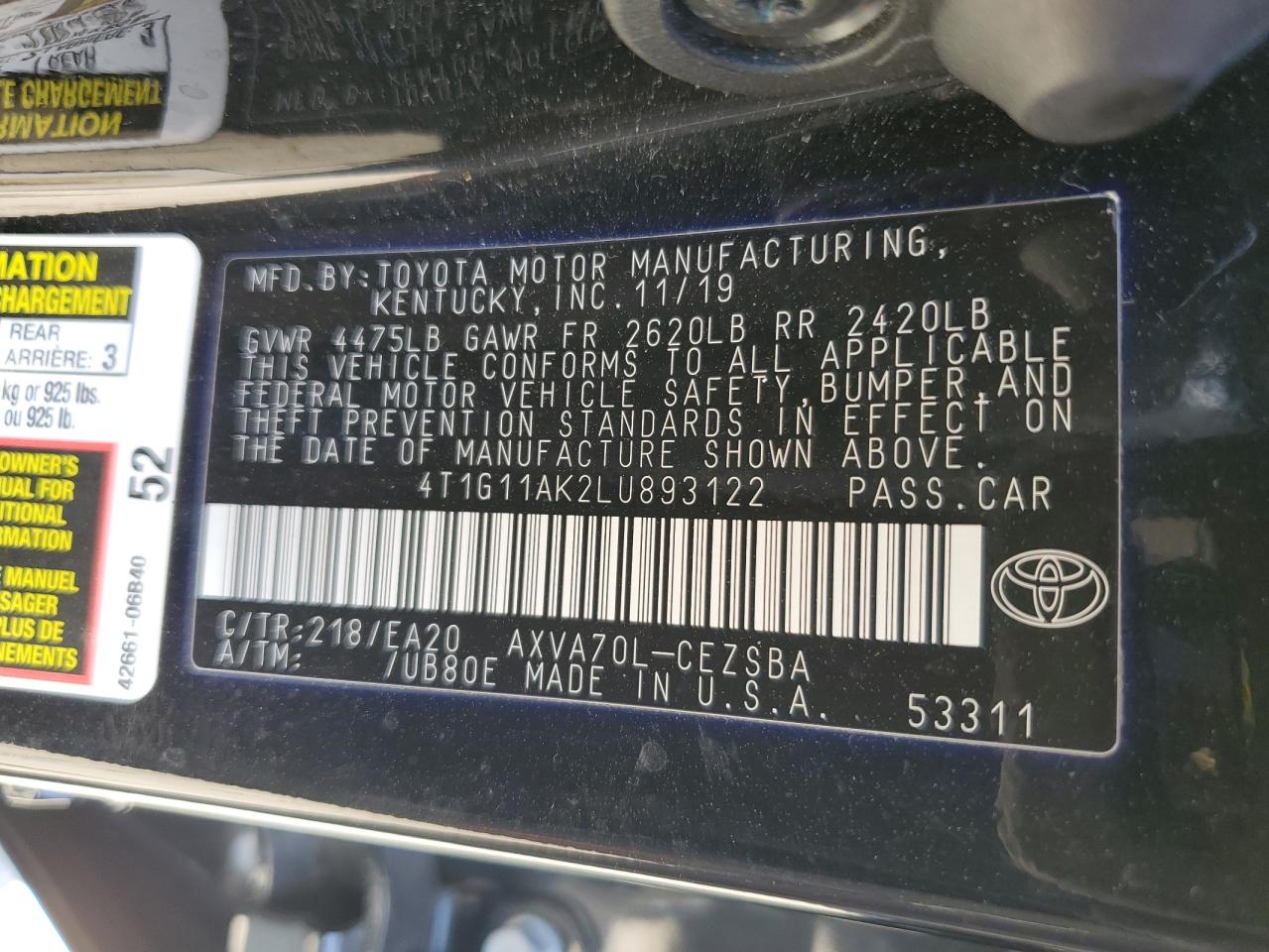 4T1G11AK2LU893122 2020 TOYOTA CAMRY - Image 12