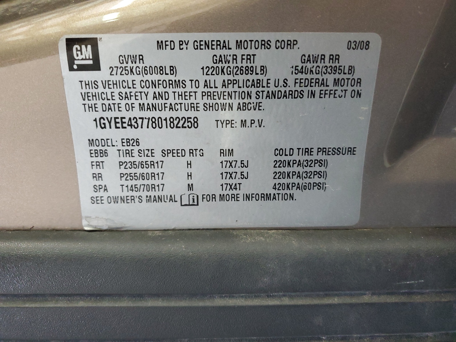 1GYEE437780182258 2008 Cadillac Srx