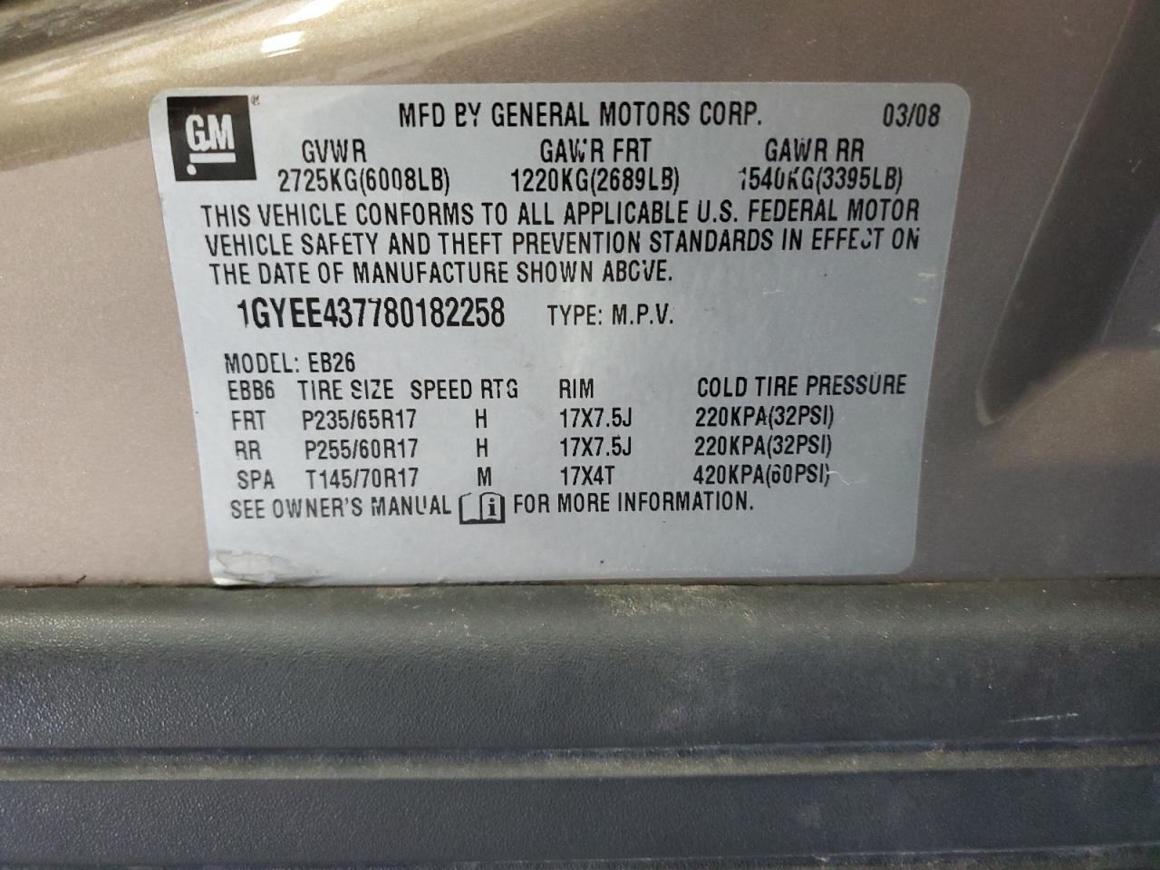 2008 Cadillac Srx VIN: 1GYEE437780182258 Lot: 68293254