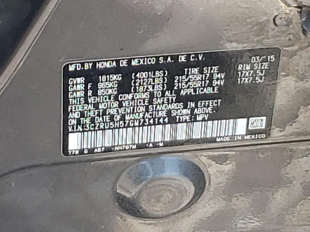 2016 Honda Hr-V Ex VIN: 3CZRU5H57GM734144 Lot: 59109924