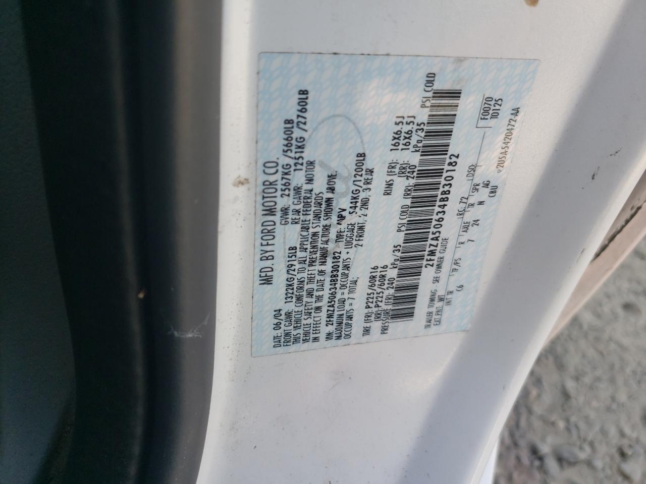 2004 Ford Freestar S VIN: 2FMZA50634BB30182 Lot: 59984654