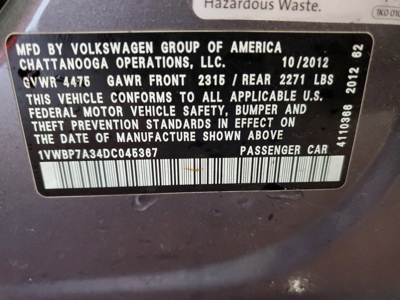 1VWBP7A34DC045367 2013 Volkswagen Passat Se