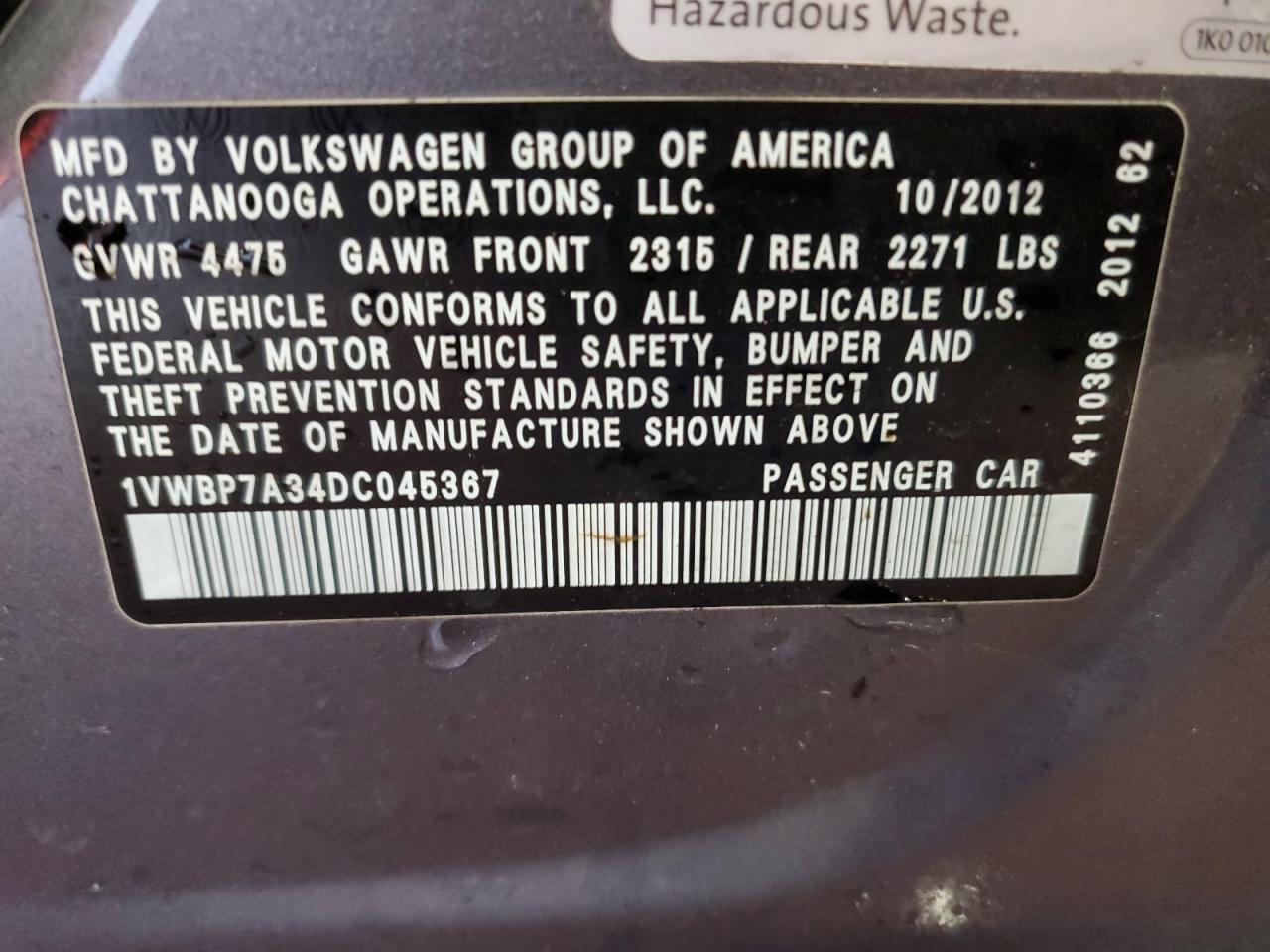 2013 Volkswagen Passat Se VIN: 1VWBP7A34DC045367 Lot: 60251354