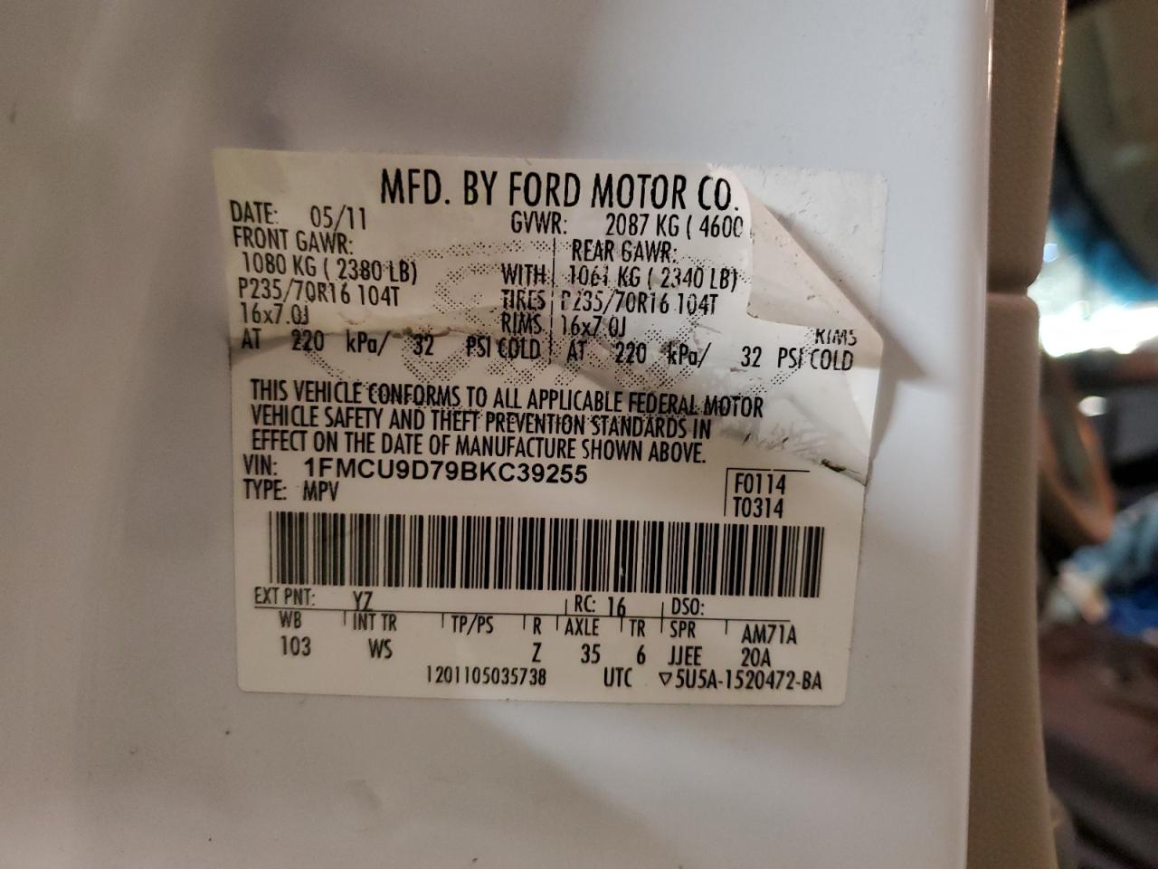2011 Ford Escape Xlt VIN: 1FMCU9D79BKC39255 Lot: 59880104