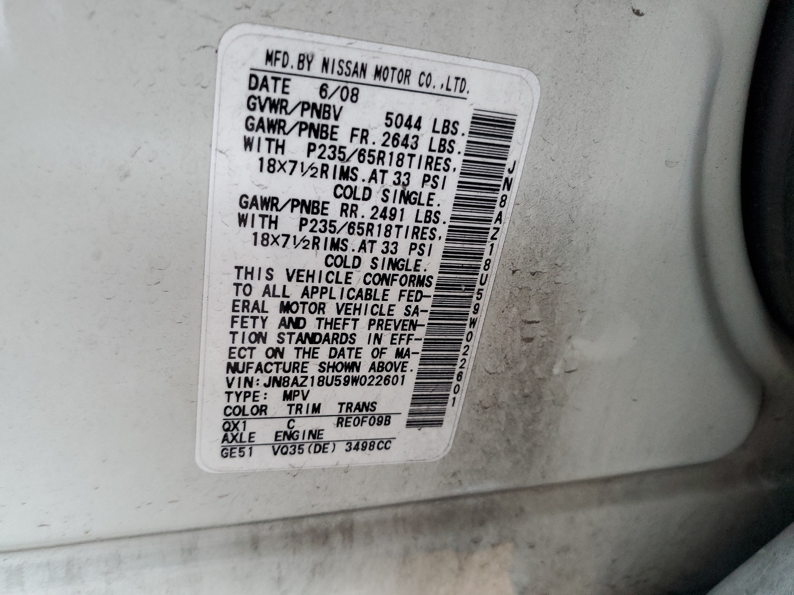 JN8AZ18U59W022601 2009 Nissan Murano S