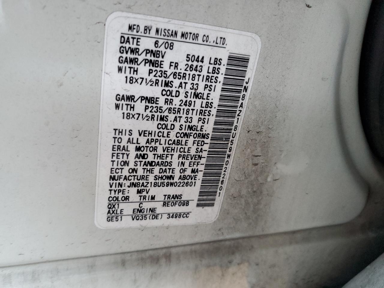 2009 Nissan Murano S VIN: JN8AZ18U59W022601 Lot: 59791764