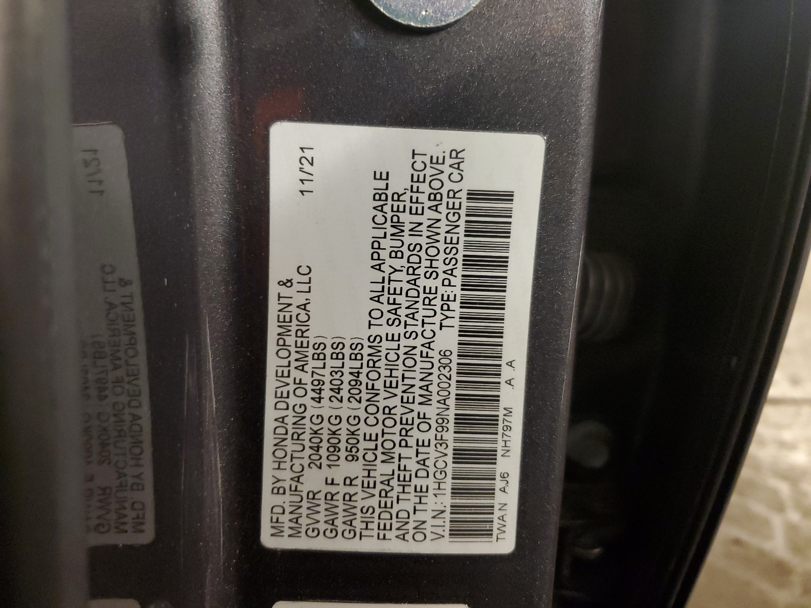 1HGCV3F99NA002306 2022 Honda Accord Touring Hybrid