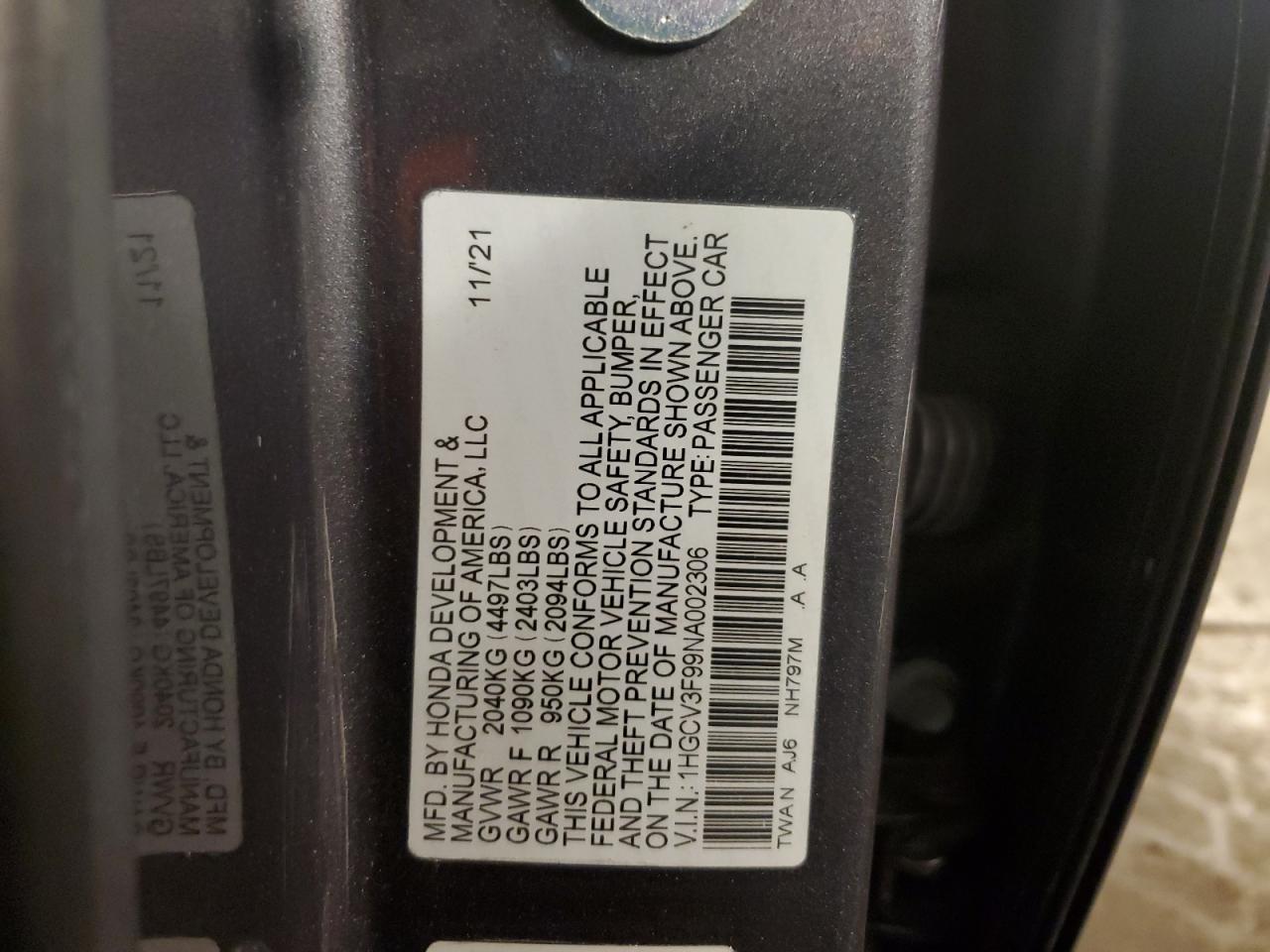 2022 Honda Accord Touring Hybrid VIN: 1HGCV3F99NA002306 Lot: 60427174