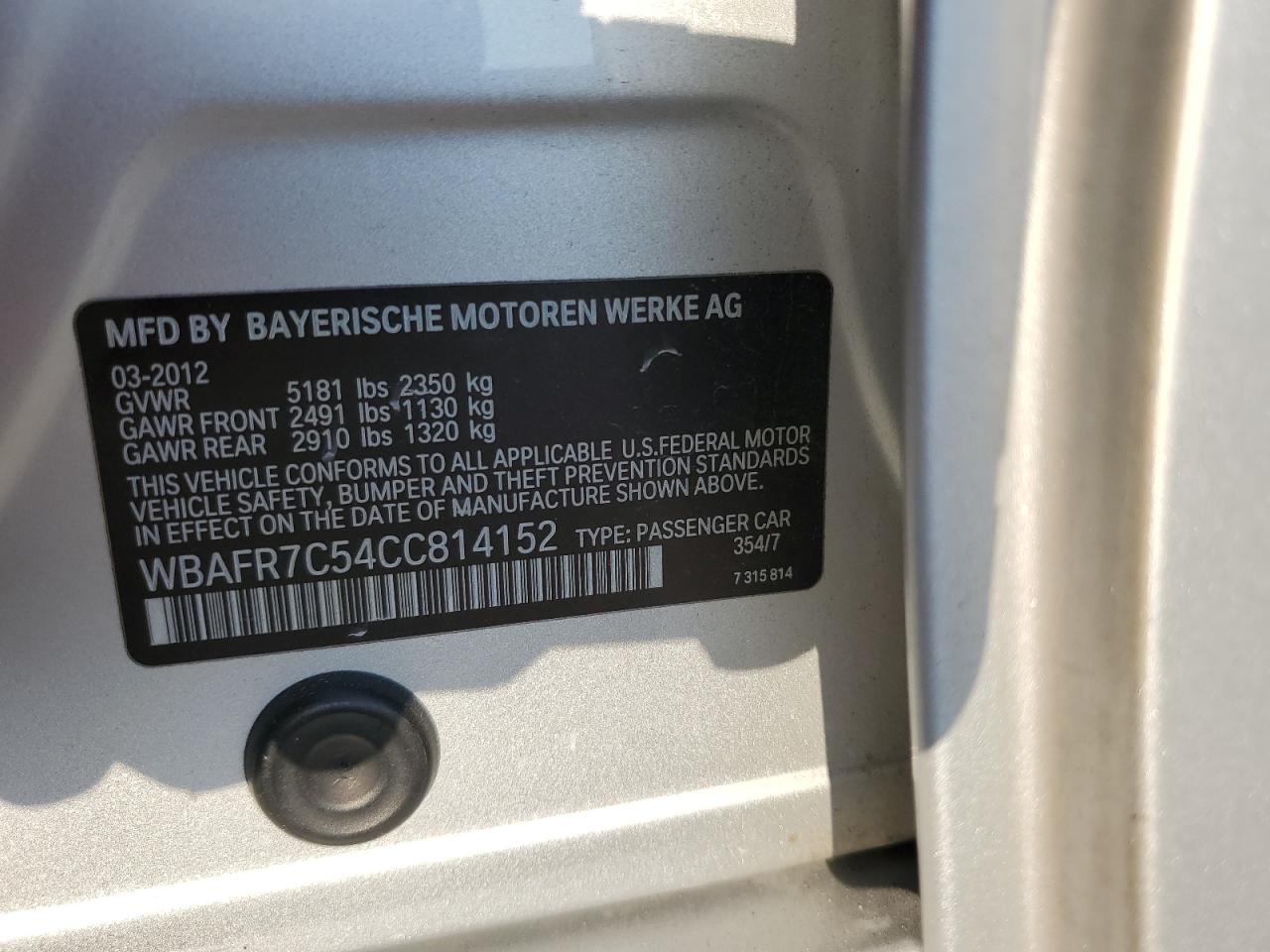 2012 BMW 535 I VIN: WBAFR7C54CC814152 Lot: 58416424