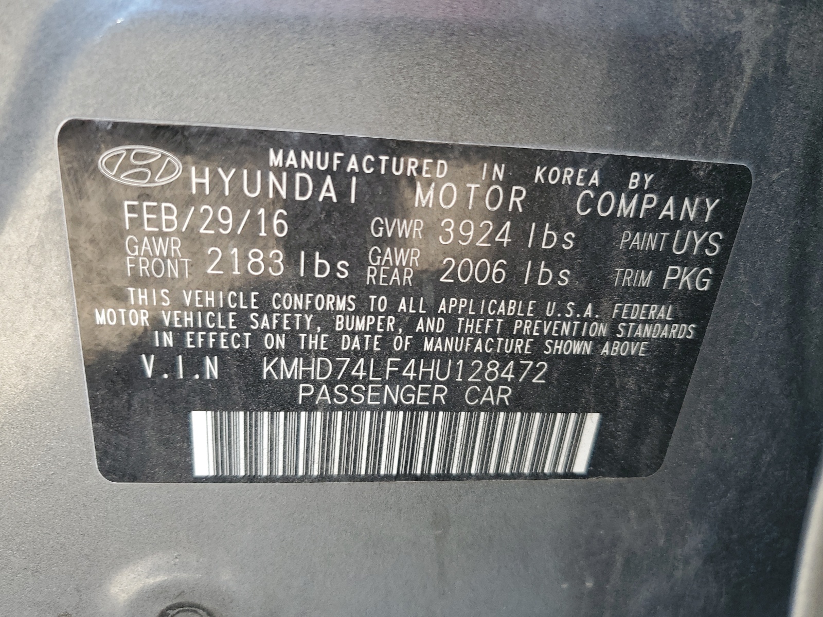 KMHD74LF4HU128472 2017 Hyundai Elantra Se