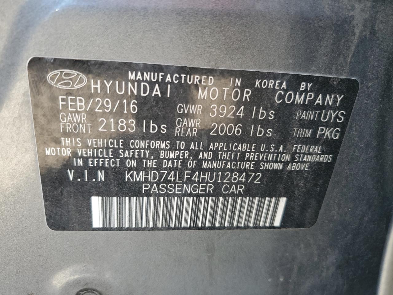 2017 Hyundai Elantra Se VIN: KMHD74LF4HU128472 Lot: 60266364