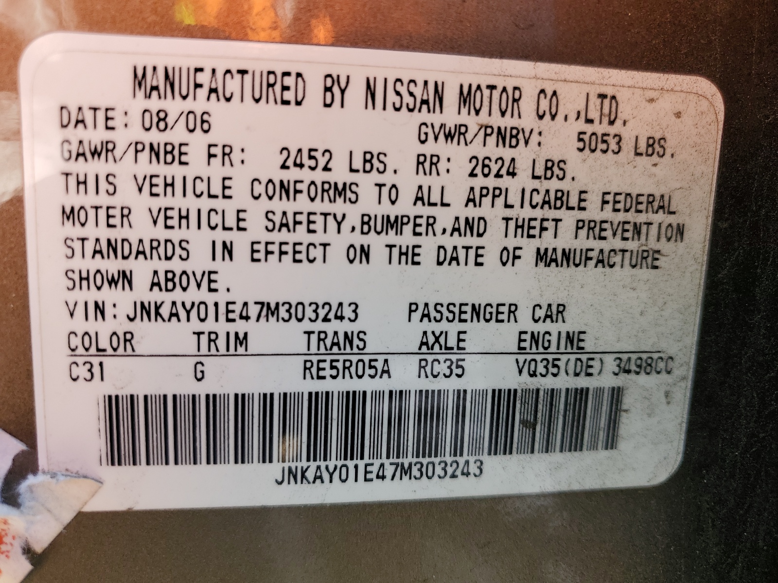 JNKAY01E47M303243 2007 Infiniti M35 Base