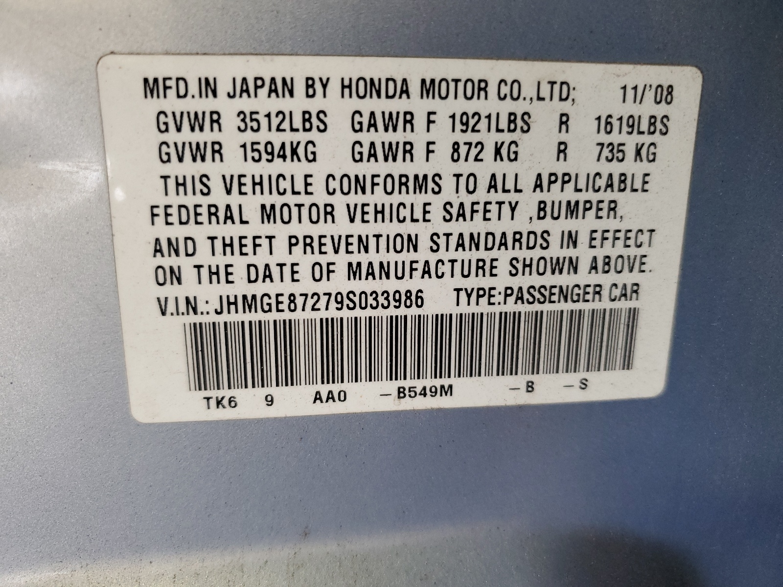 JHMGE87279S033986 2009 Honda Fit