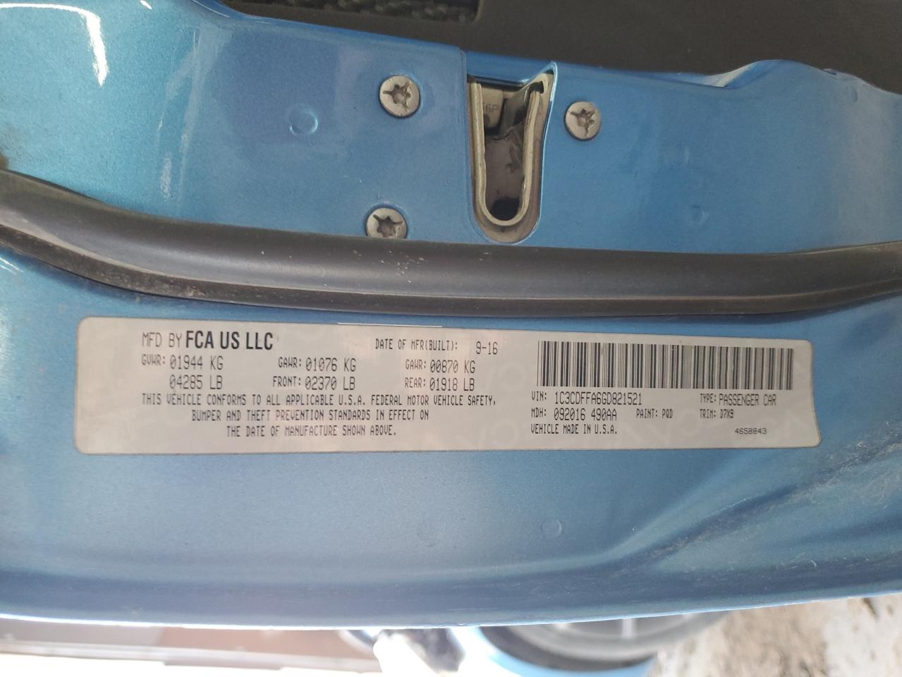 2016 Dodge Dart Sxt Sport VIN: 1C3CDFFA6GD821521 Lot: 60077524