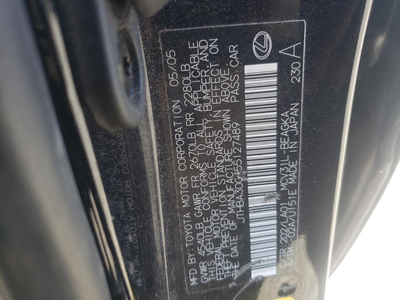 2005 Lexus Es 330 VIN: JTHBA30G455127489 Lot: 60922374