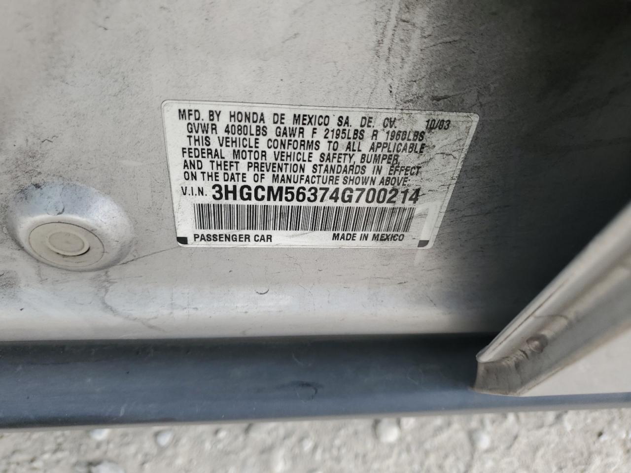 2004 Honda Accord Lx VIN: 3HGCM56374G700214 Lot: 58479994