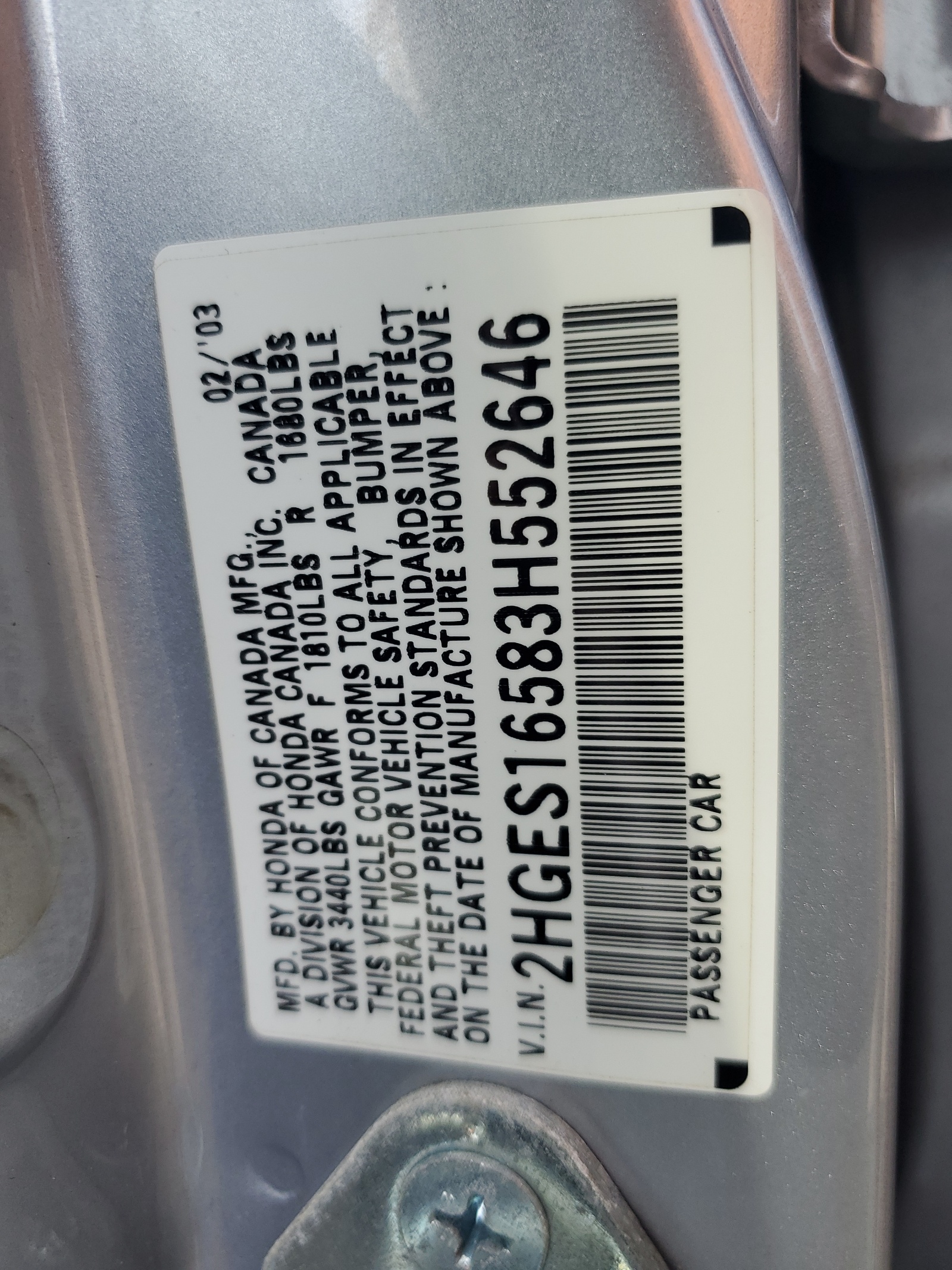 2HGES16583H552646 2003 Honda Civic Lx