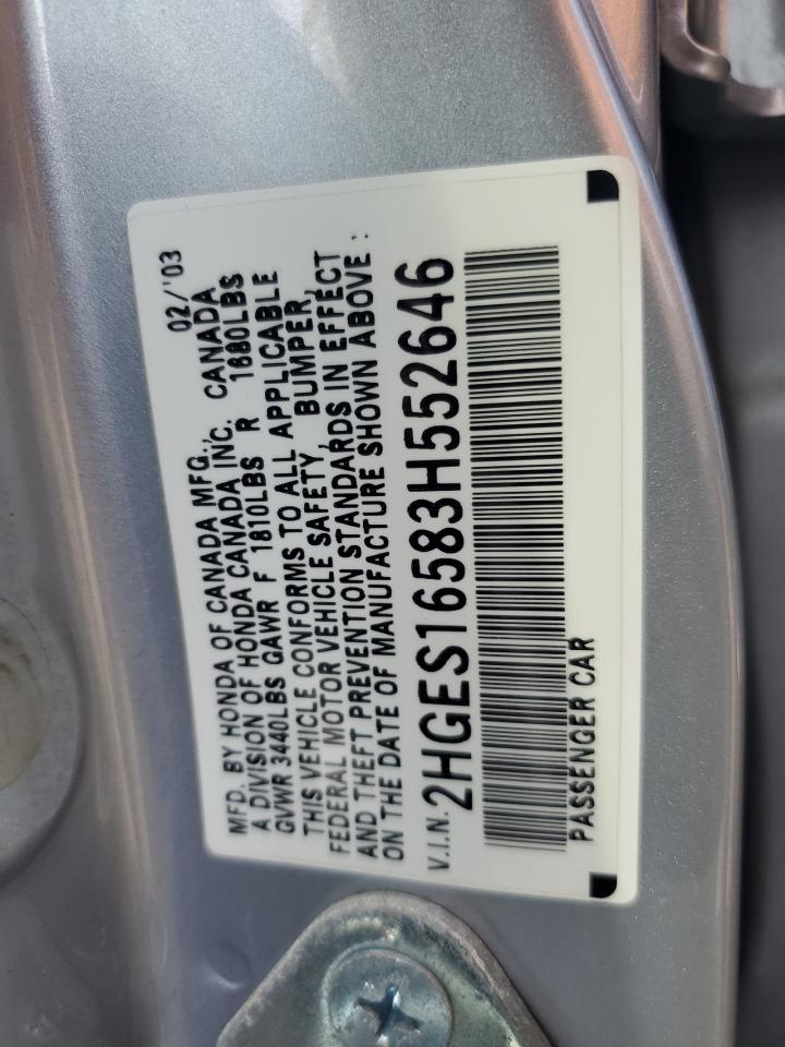 2003 Honda Civic Lx VIN: 2HGES16583H552646 Lot: 60658204