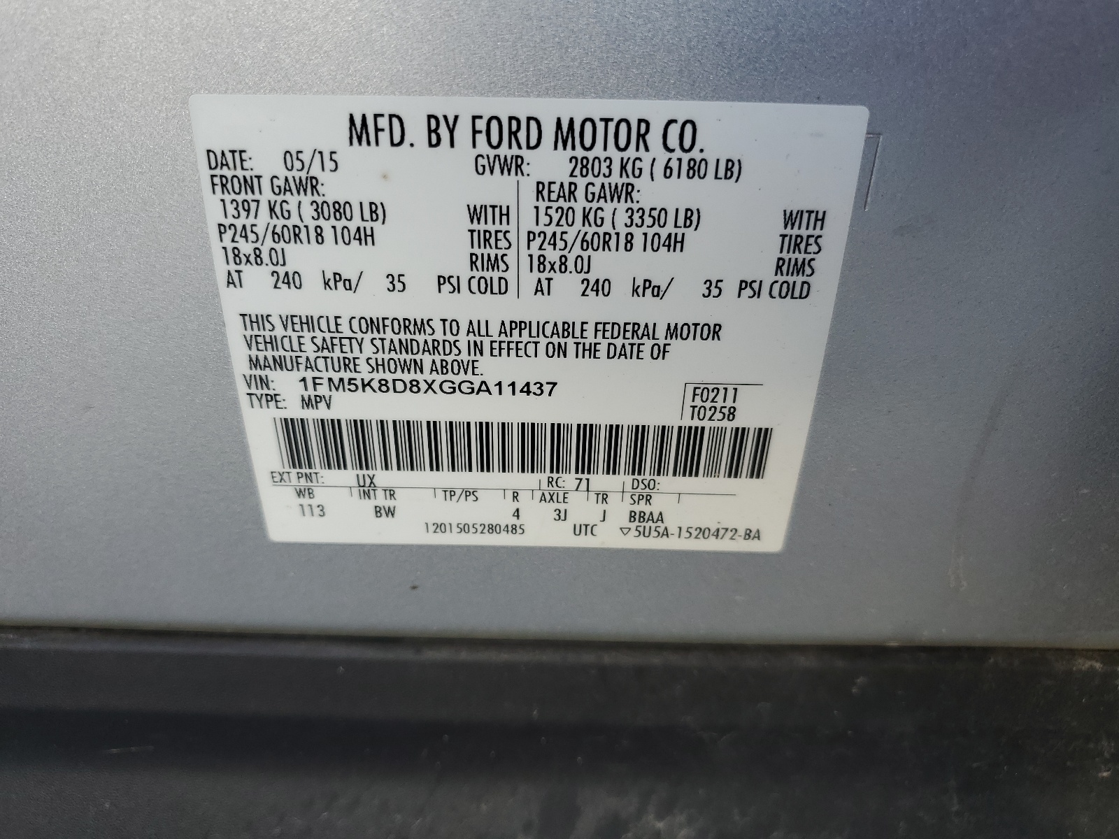 1FM5K8D8XGGA11437 2016 Ford Explorer Xlt