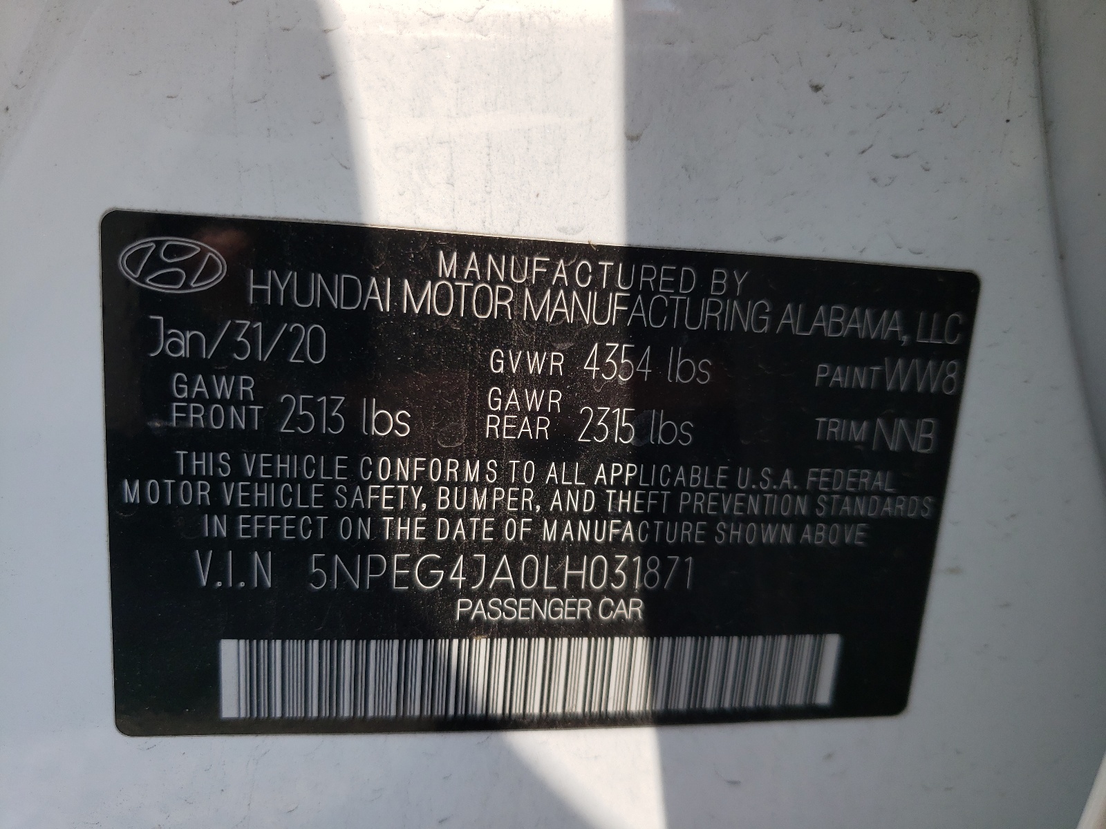5NPEG4JA0LH031871 2020 Hyundai Sonata Se
