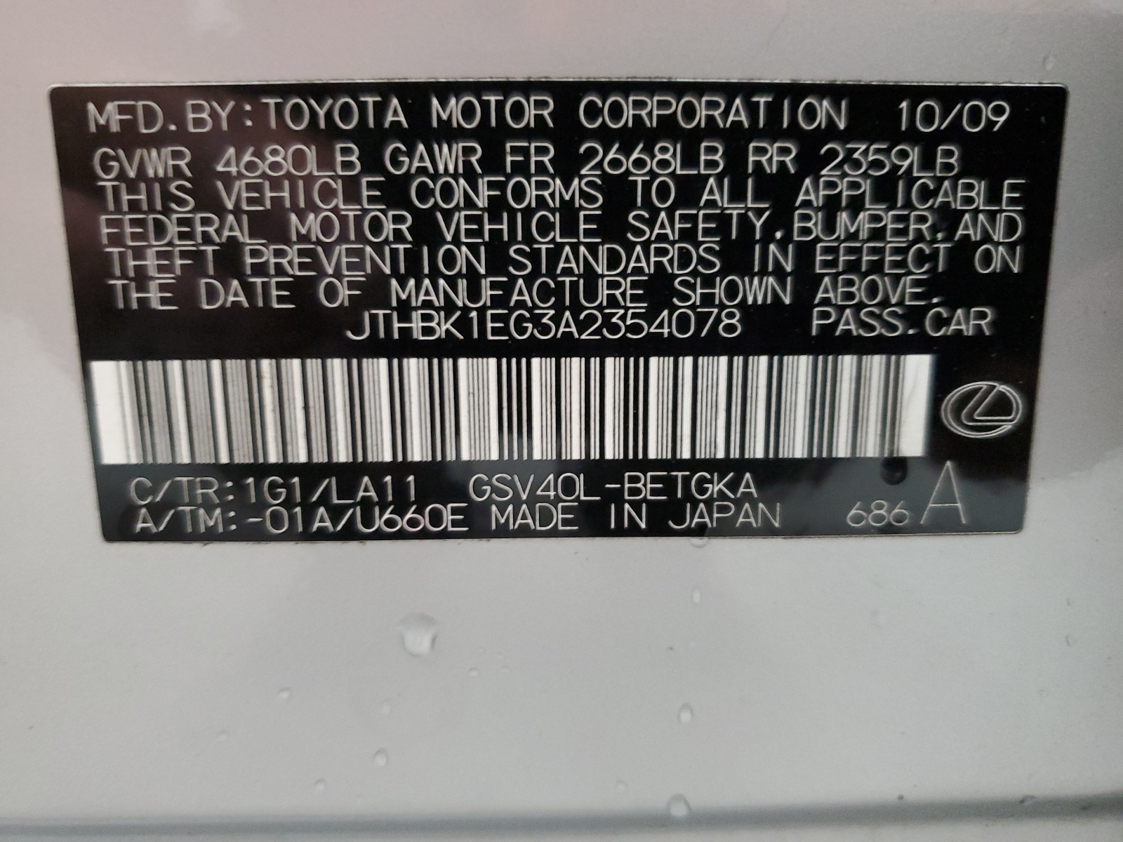 JTHBK1EG3A2354078 2010 Lexus Es 350