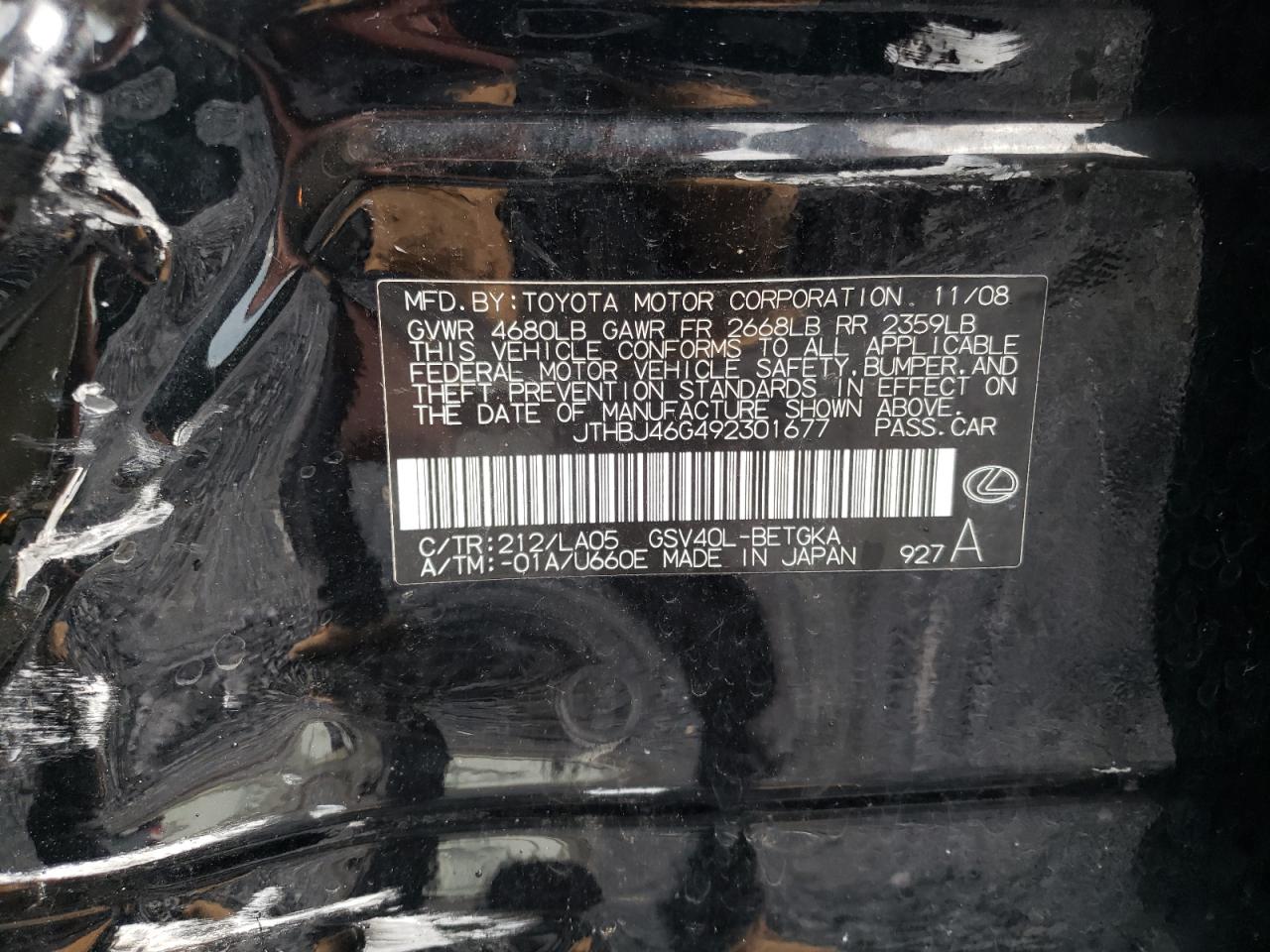 2009 Lexus Es 350 VIN: JTHBJ46G492301677 Lot: 57774704