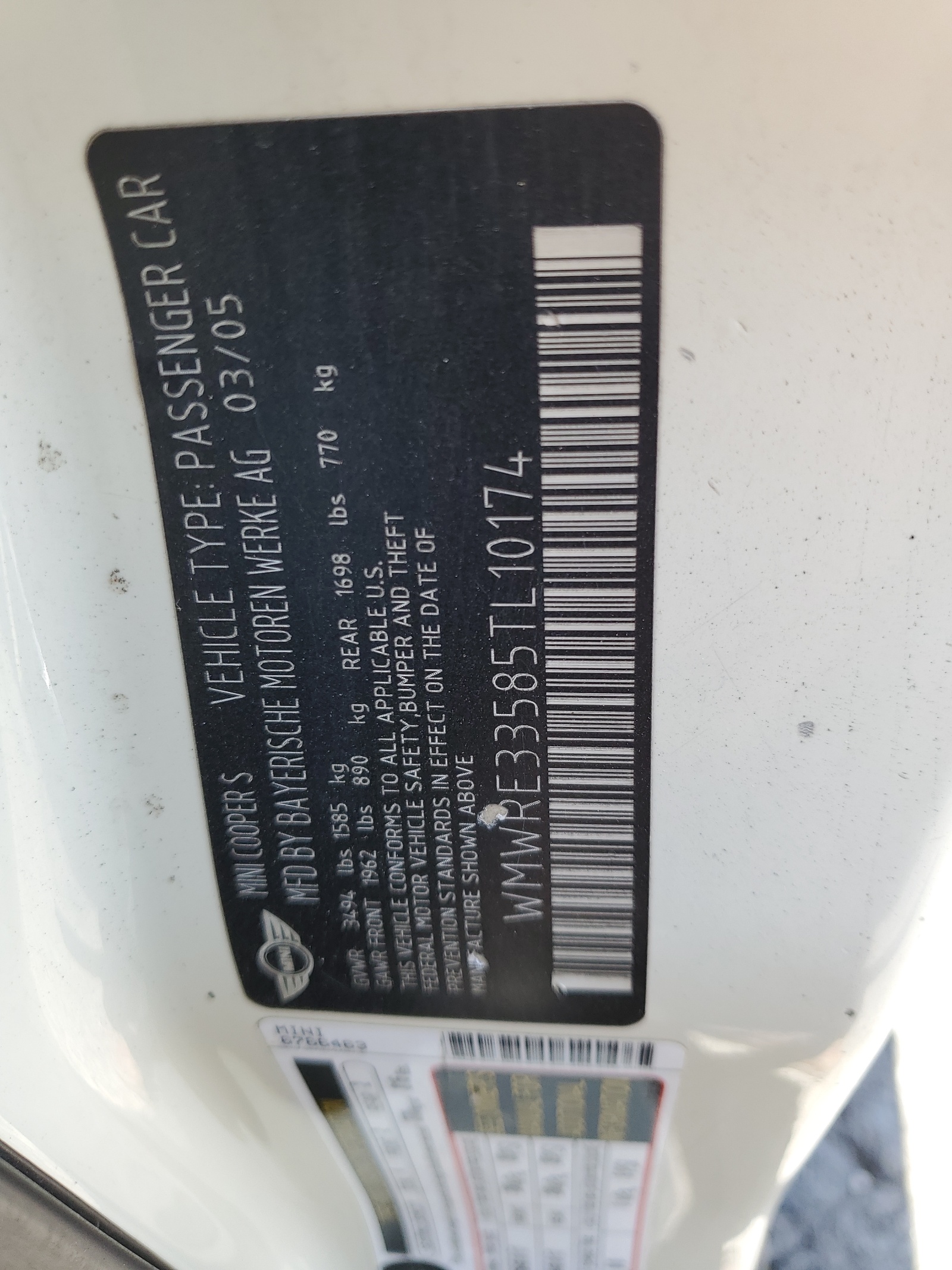 WMWRE33585TL10174 2005 Mini Cooper S