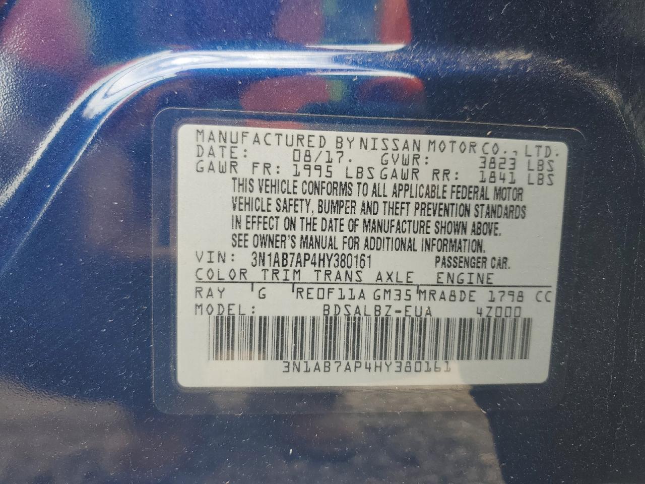 2017 Nissan Sentra S VIN: 3N1AB7AP4HY380161 Lot: 59776134