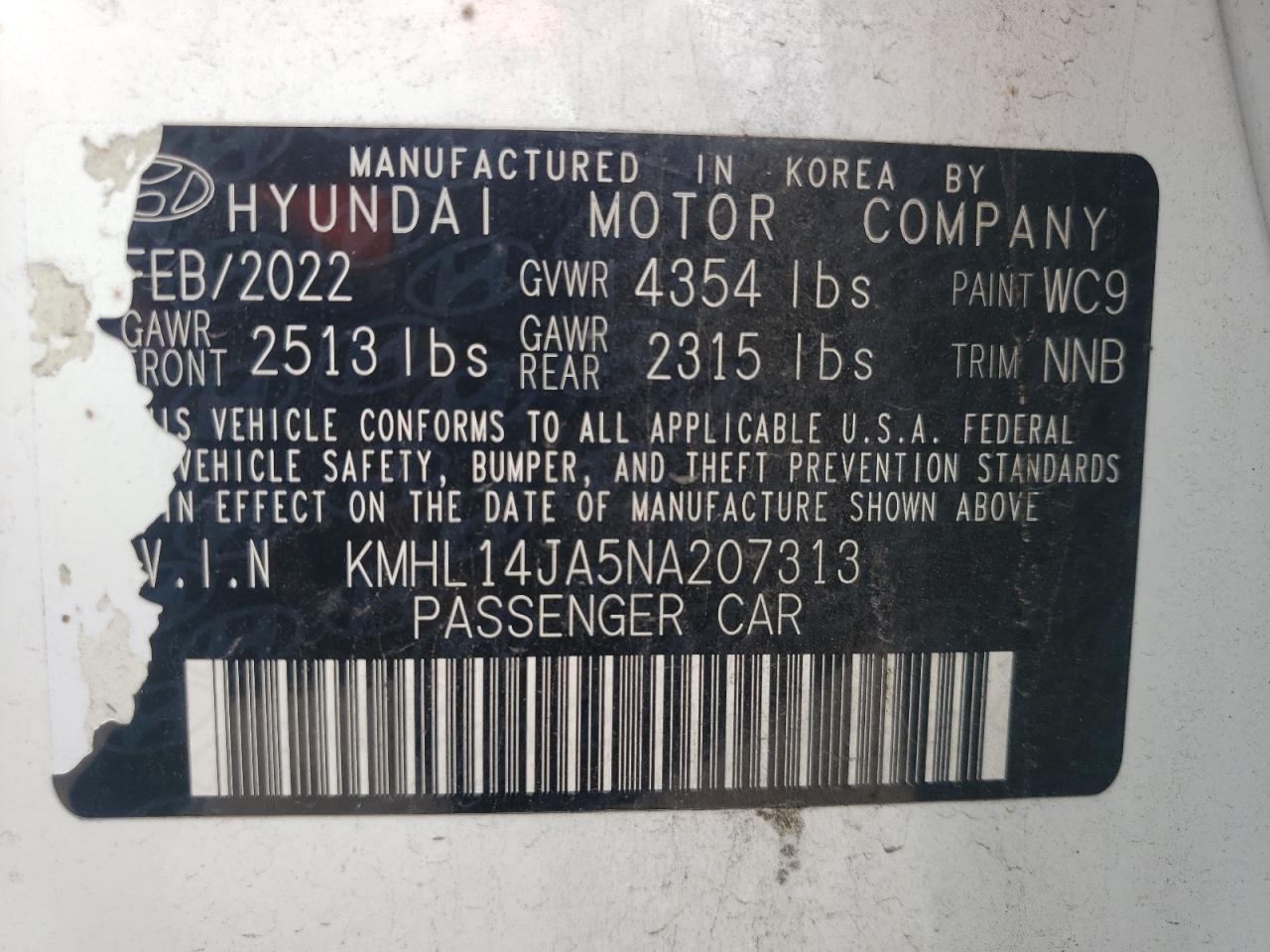 2022 Hyundai Sonata Sel VIN: KMHL14JA5NA207313 Lot: 59698494