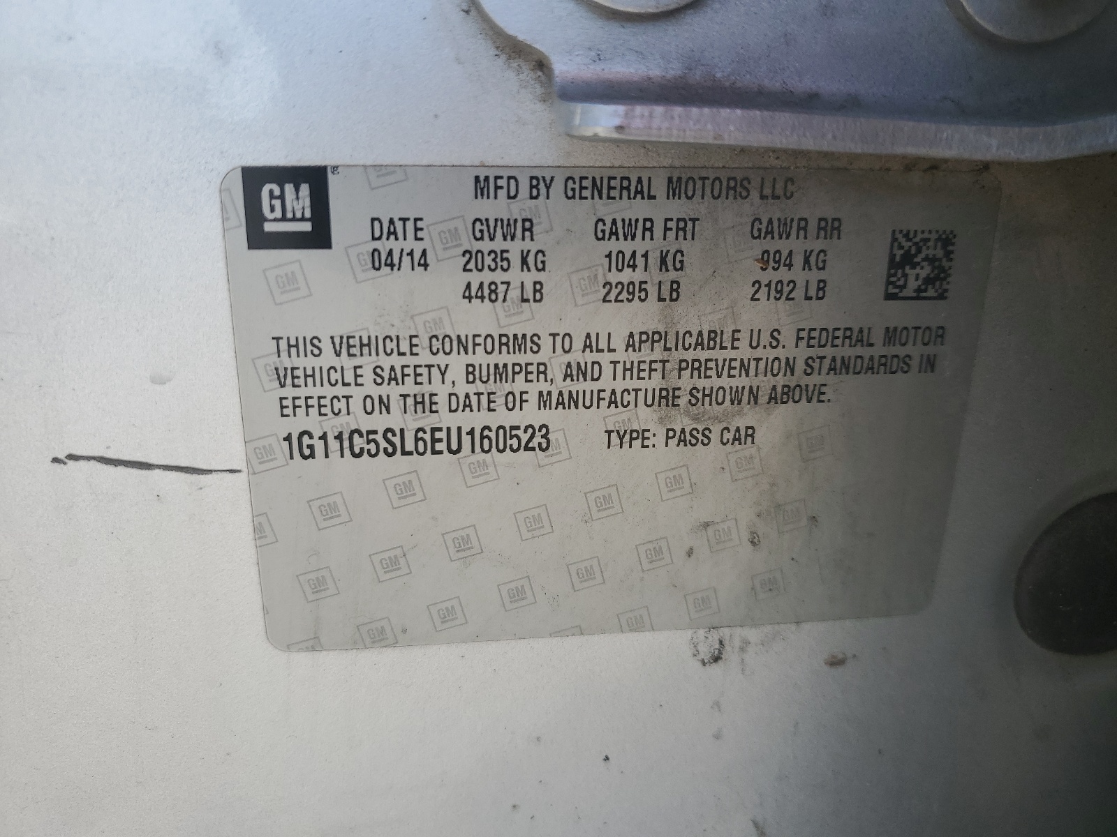 1G11C5SL6EU160523 2014 Chevrolet Malibu 1Lt