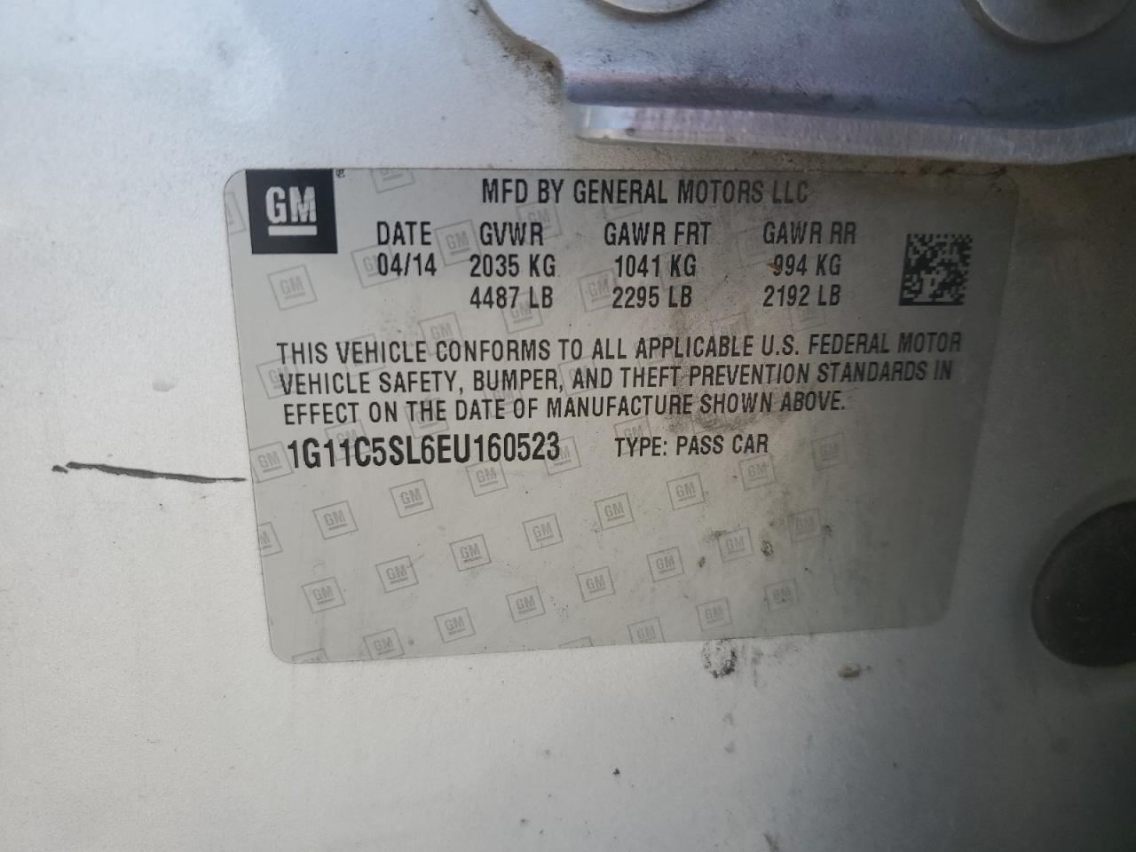 2014 Chevrolet Malibu 1Lt VIN: 1G11C5SL6EU160523 Lot: 56591614