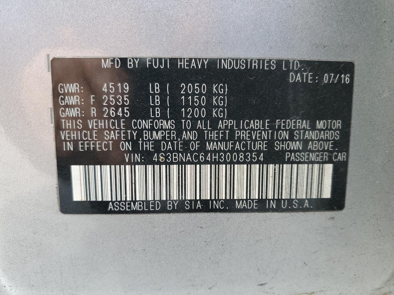 2017 Subaru Legacy 2.5I Premium VIN: 4S3BNAC64H3008354 Lot: 59615654