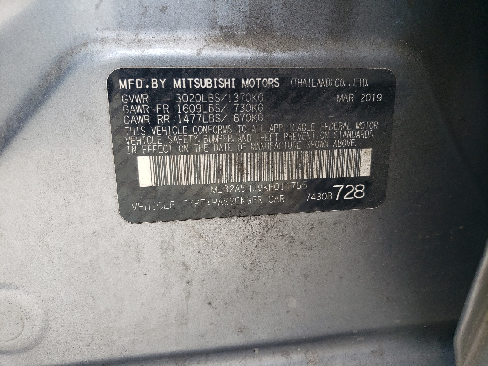 ML32A5HJ8KH011755 2019 Mitsubishi Mirage Le