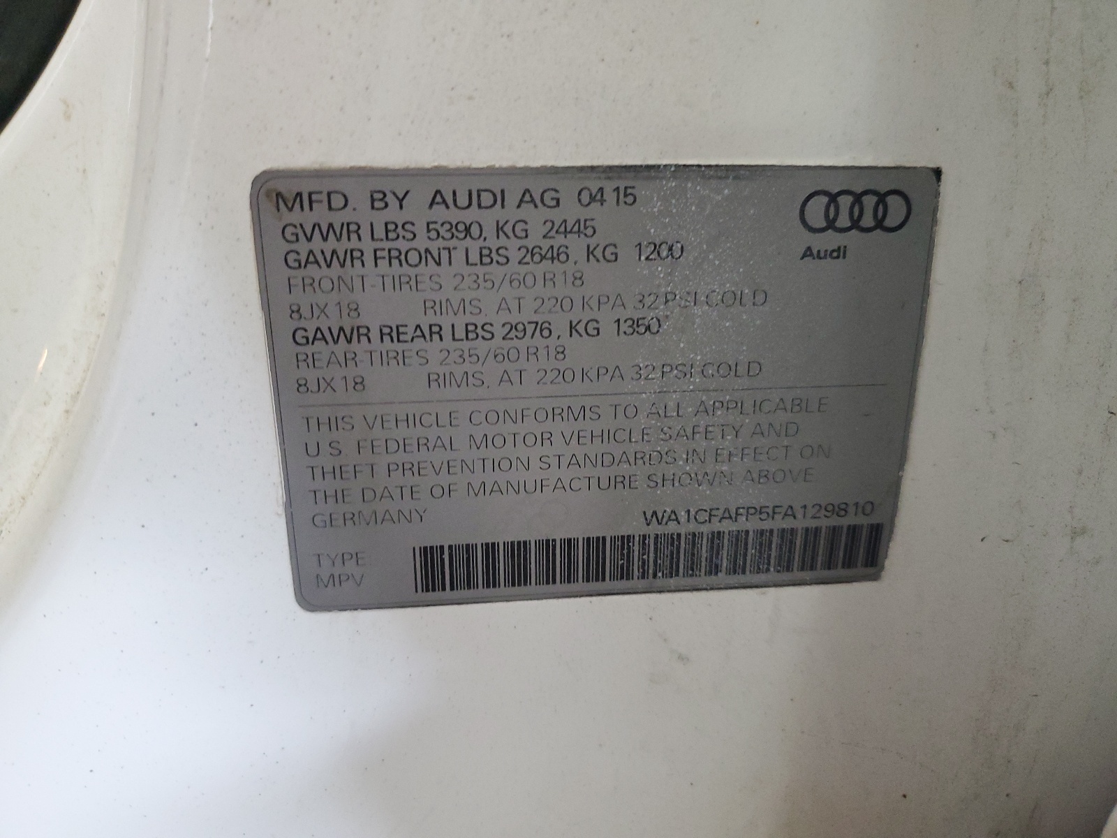 WA1CFAFP5FA129810 2015 Audi Q5 Premium