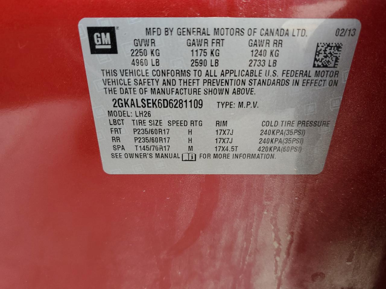 2013 GMC Terrain Sle VIN: 2GKALSEK6D6281109 Lot: 58147704