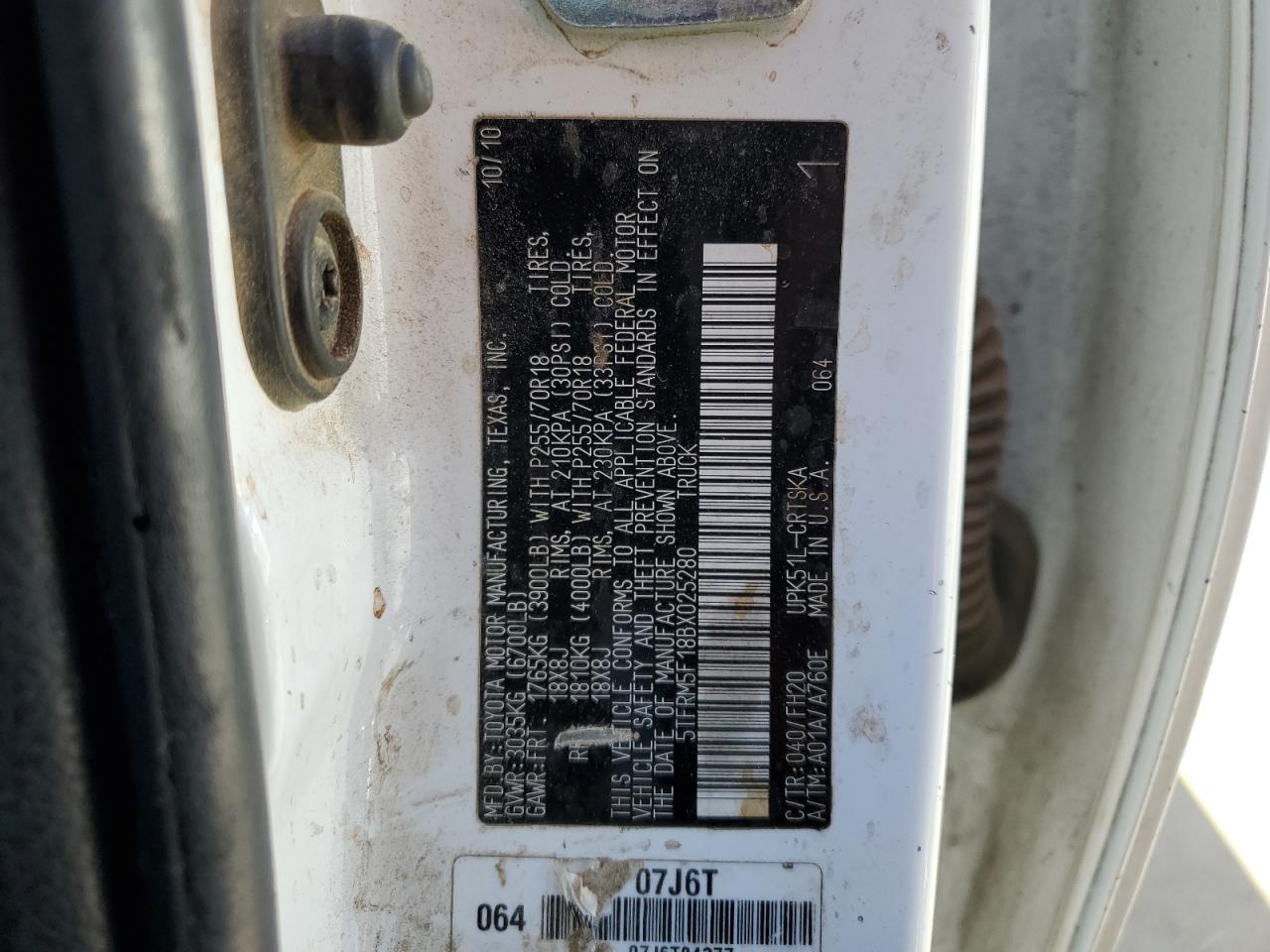 2011 Toyota Tundra Double Cab Sr5 VIN: 5TFRM5F18BX025280 Lot: 56939464